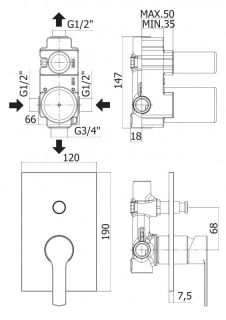 Встраиваемый однорычажный смеситель для душа с переключателем, хром Cezares OVEST-VDIM-01